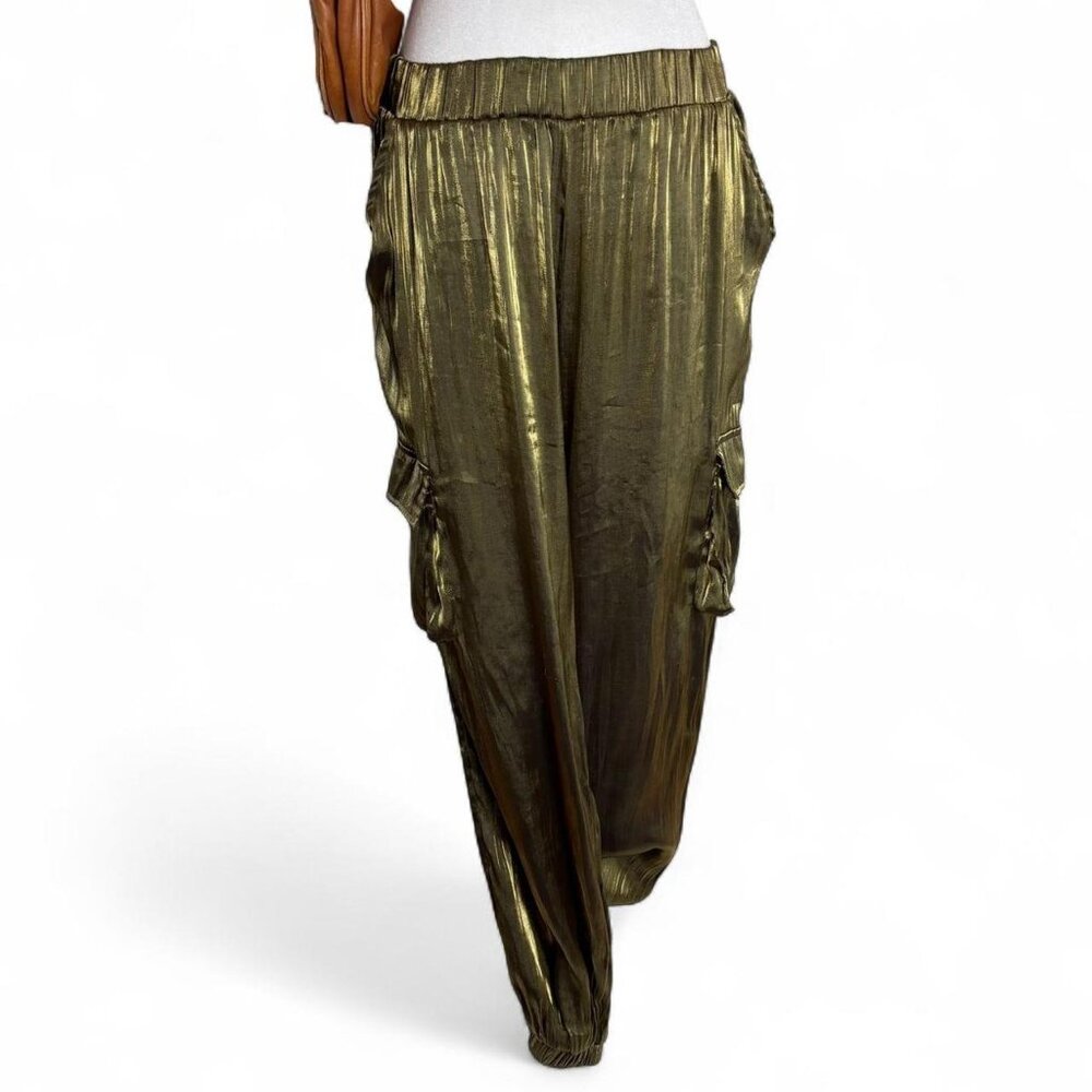 PrettyLittleThing Gold Metallic Satin Cargo Pants (Size 8)